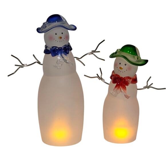 Christmas Snowman Figurines Frosted Glass Acrylic Set Blue Green Red Hats Retro - Picture 2 of 8